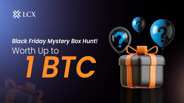 Graphic for Black Friday Mystery Box Hunt with rewards up to 1 BTC, featuring a treasure chest and crypto symbols.