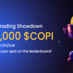 Promotional image for $COPI Trading Competition, featuring bold text and visuals of crypto trading charts and rewards.