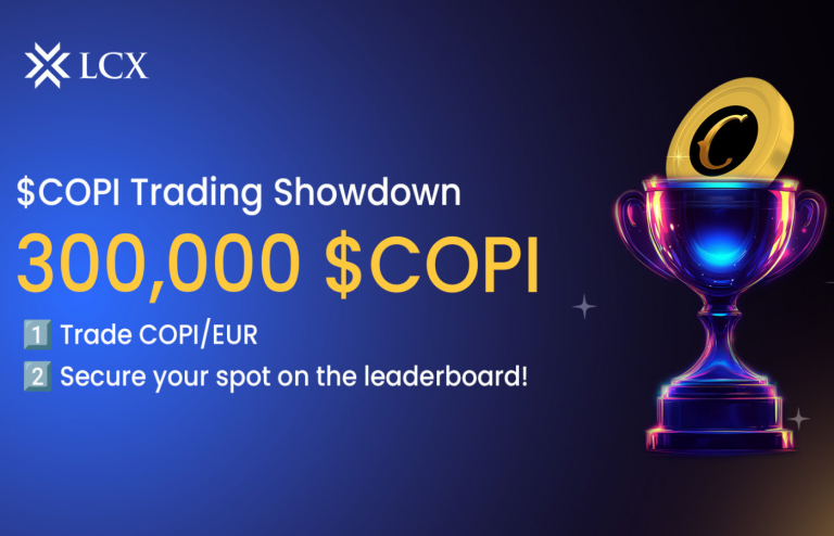 Promotional image for $COPI Trading Competition, featuring bold text and visuals of crypto trading charts and rewards.